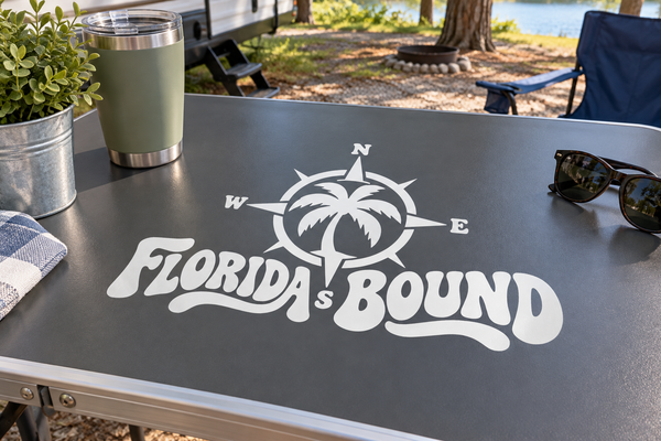 Florida's Bound vinyl decal with palm tree compass and Florida lettering in white
