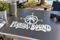 Florida's Bound vinyl decal with palm tree compass and Florida lettering in white