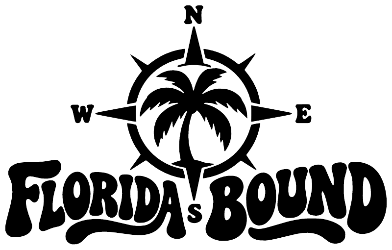 Florida's Bound vinyl decal with palm tree compass and bold Florida lettering, black-and-white