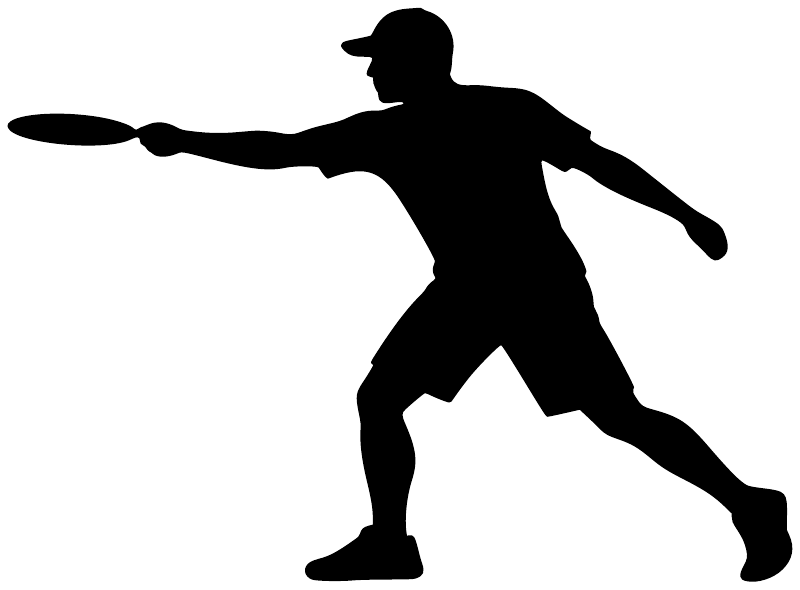 Vinyl decal silhouette of a disc thrower, holding a flying disc on white background