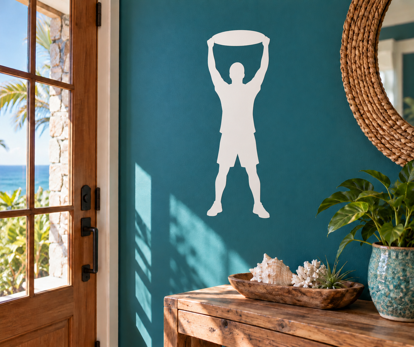 Vinyl wall decal of a person catching a flying disc overhead, white silhouette