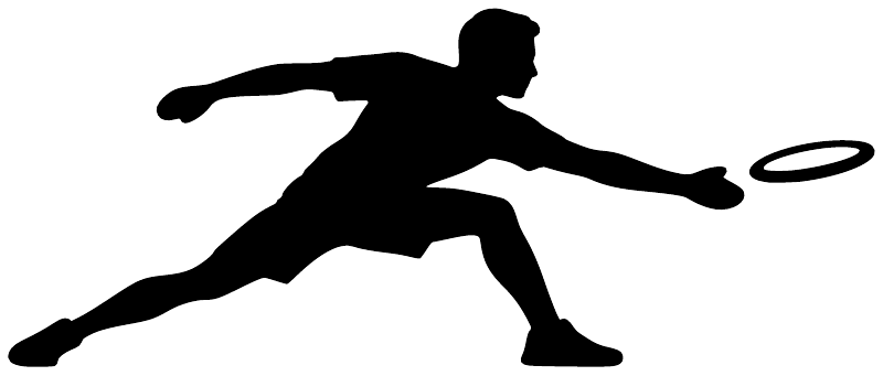 Flying disc vinyl decal, black player silhouette reaching for a flying disc on white