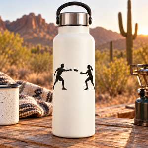 Vinyl decal with two player silhouettes and flying disc on a white bottle