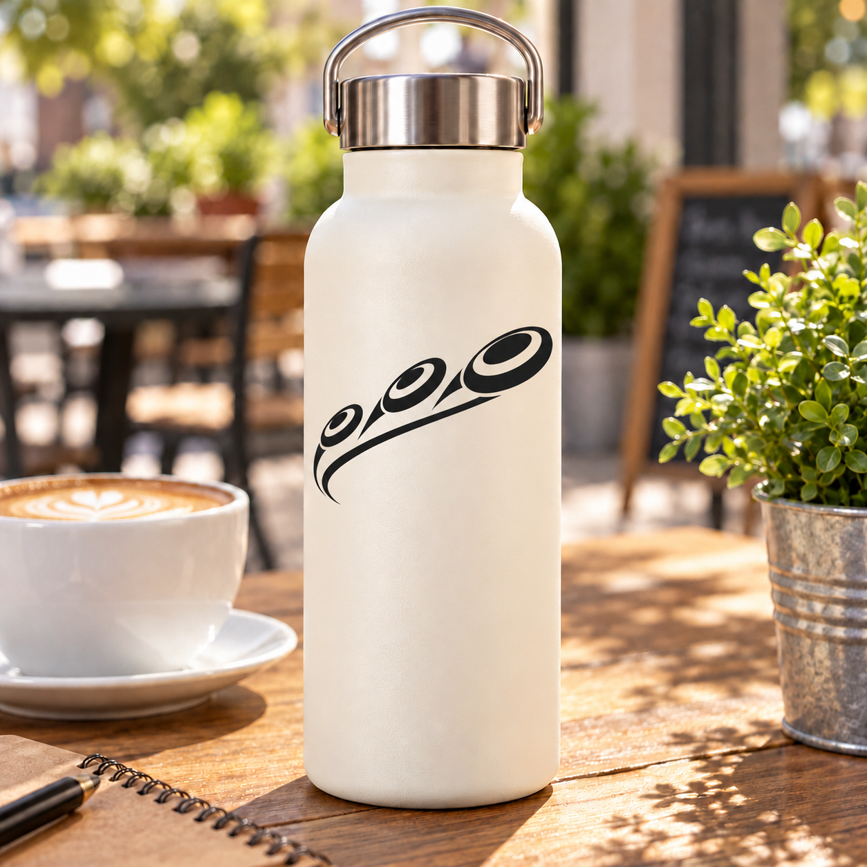 Vinyl flying disc decal on a white bottle, black triple-flight swirl logo.