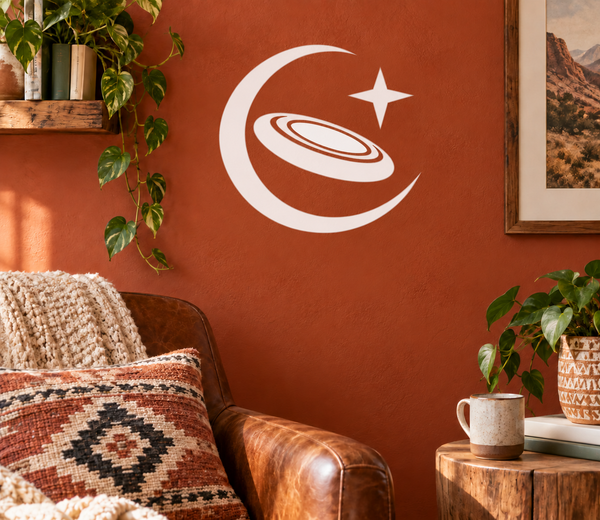 Vinyl decal of crescent moon with flying disc and star, white finish