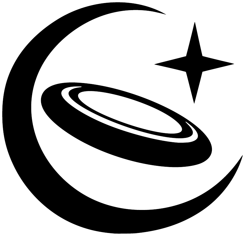 Vinyl decal graphic with black crescent, flying disc, and star, high-contrast
