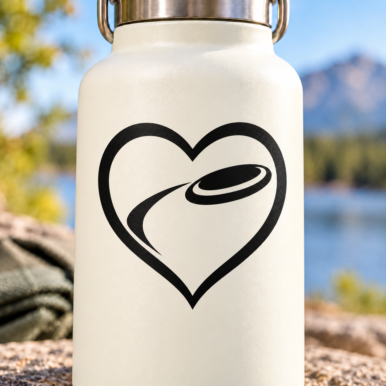 Flying disc heart loop vinyl decal, black heart with flying disc graphic