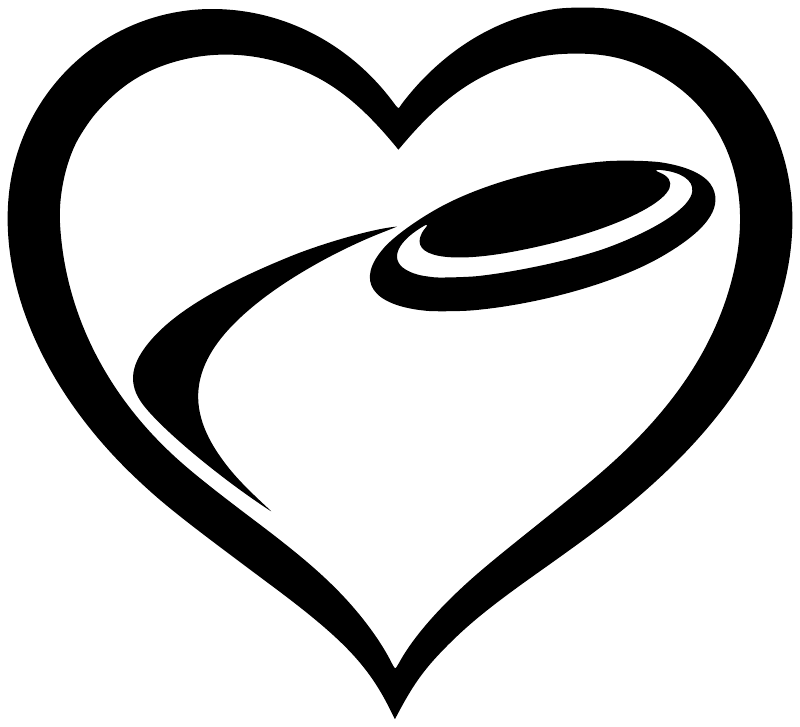 Flying disc heart loop vinyl decal close-up, black outlined heart with disc