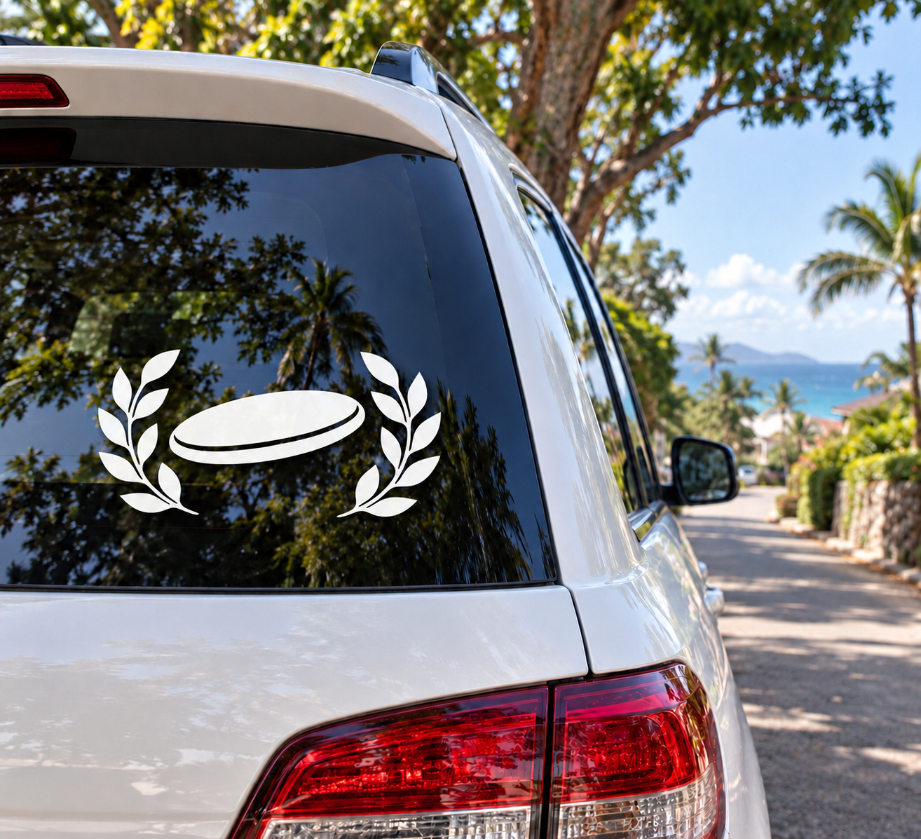 Round vinyl car decal: black-and-white laurel wreath with flying disc graphic