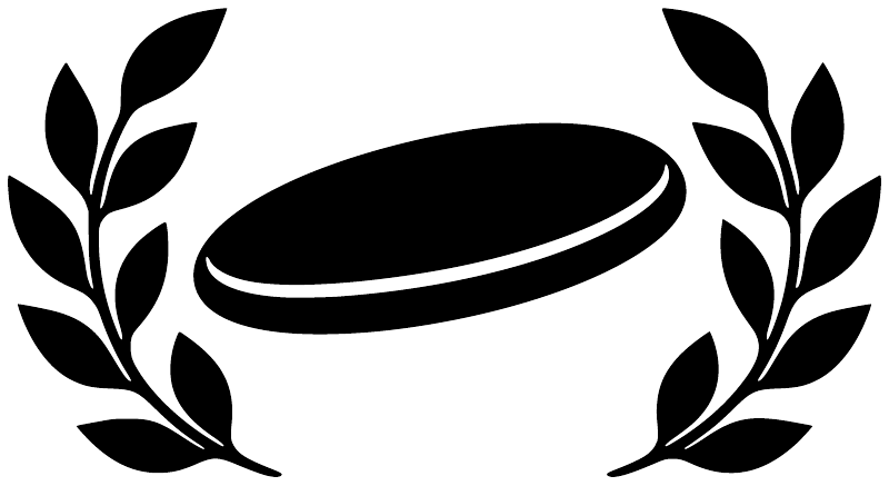 Round vinyl decal design: black laurel wreath framing a flying disc