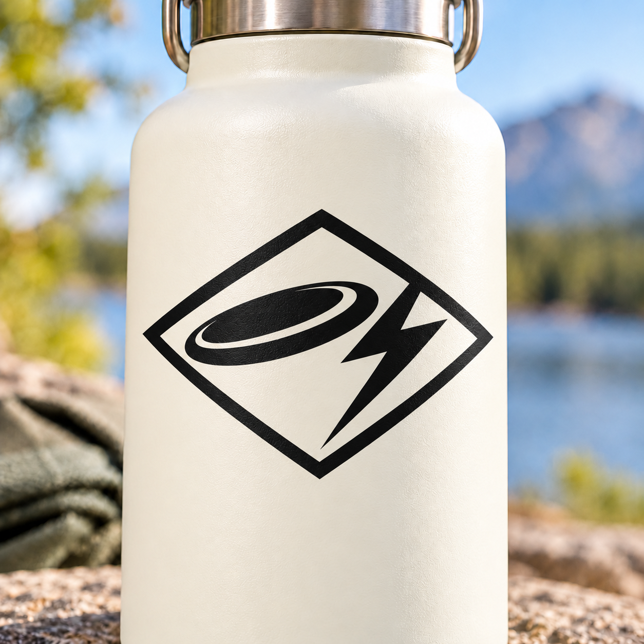Black and white vinyl flying disc lightning logo decal on white bottle