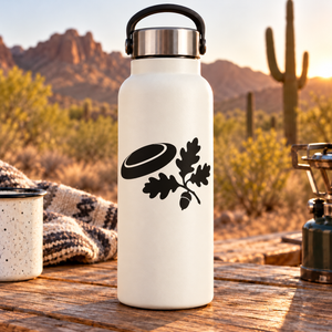 White bottle with black flying disc and oak leaf vinyl decal