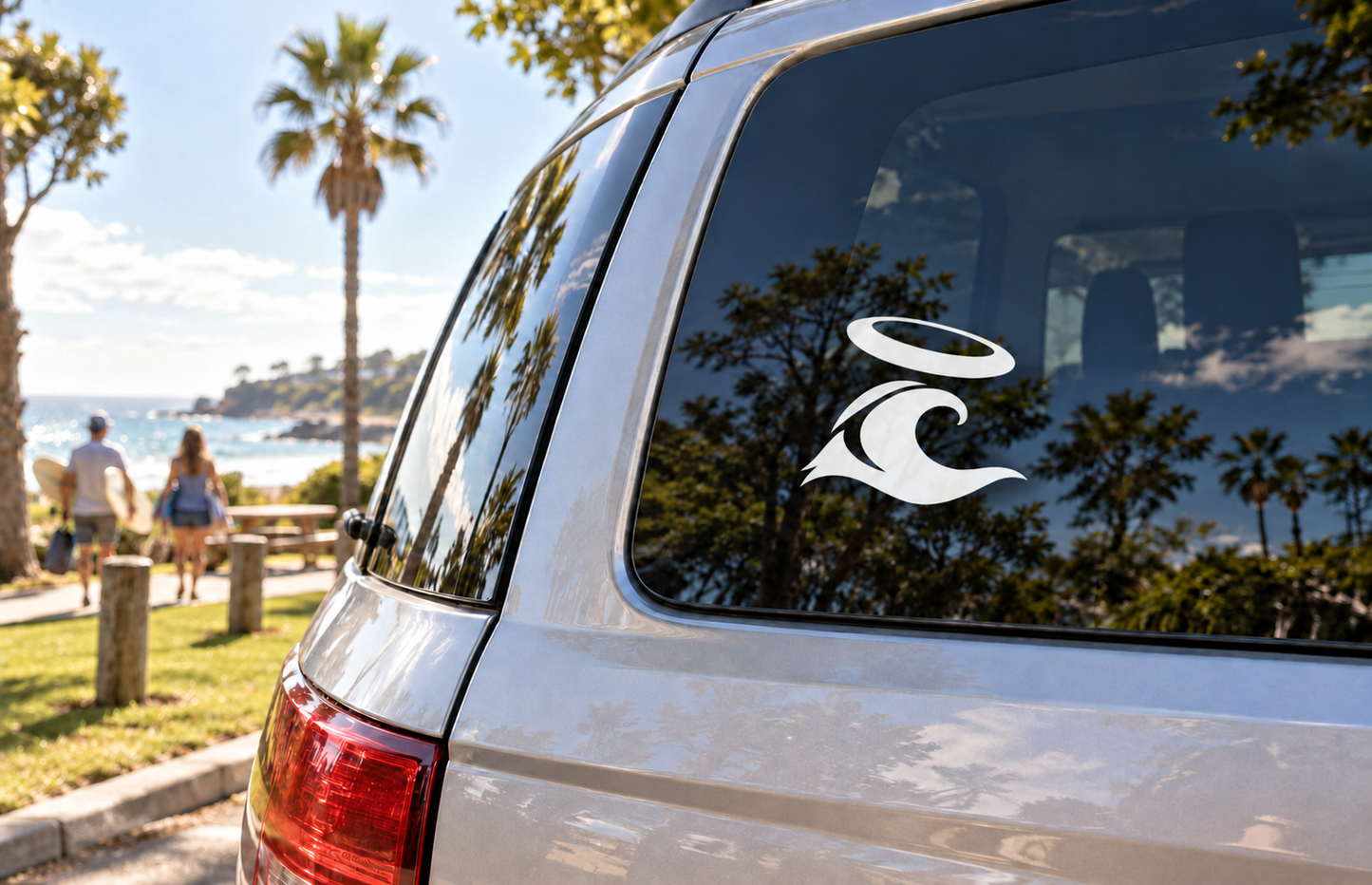 Vinyl decal featuring black ocean current wave and flying disc symbol for car window