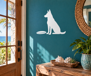 White dog silhouette vinyl decal with flying disc, upright ears