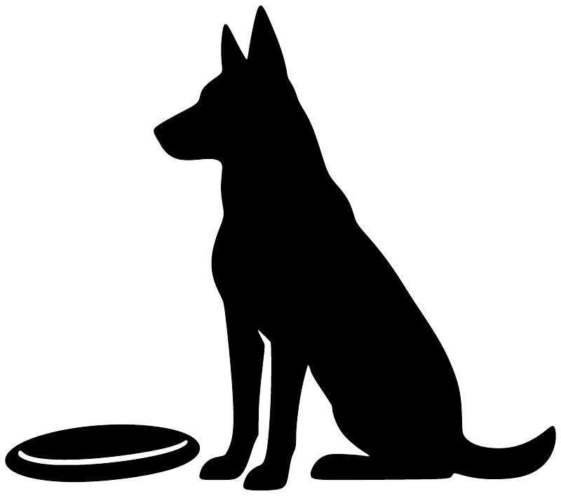 Black dog silhouette vinyl decal with flying disc, upright ears