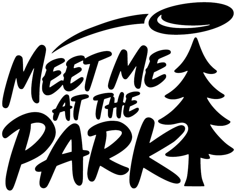 Vinyl decal design: “Meet Me at the Park” lettering with pine tree, black and white
