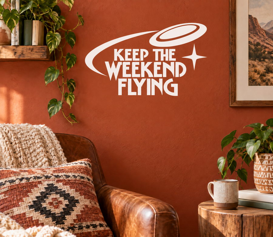 Vinyl decal with flying disc graphic and text "Keep the weekend flying"