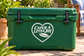 Catch a Little Joy vinyl decal with heart outline, black text, and flying disc icon