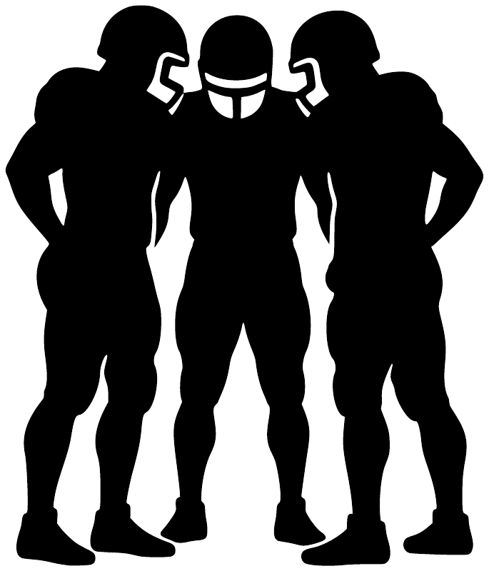 Football huddle vinyl decal with four player silhouettes, black on white background