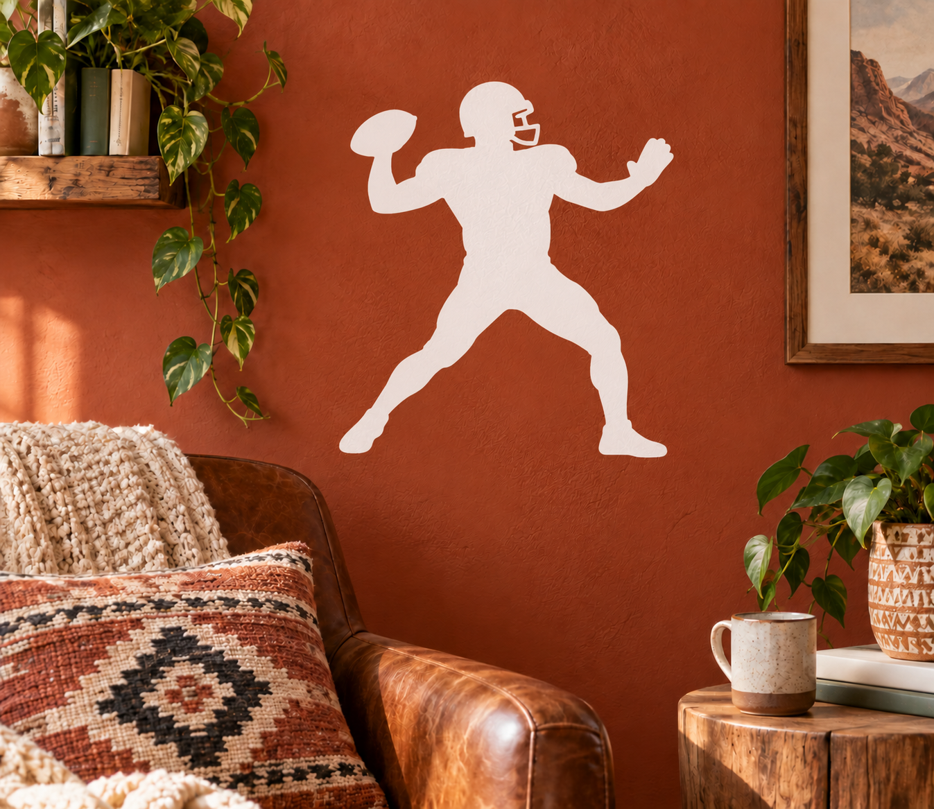 White football player silhouette vinyl decal, passing stance