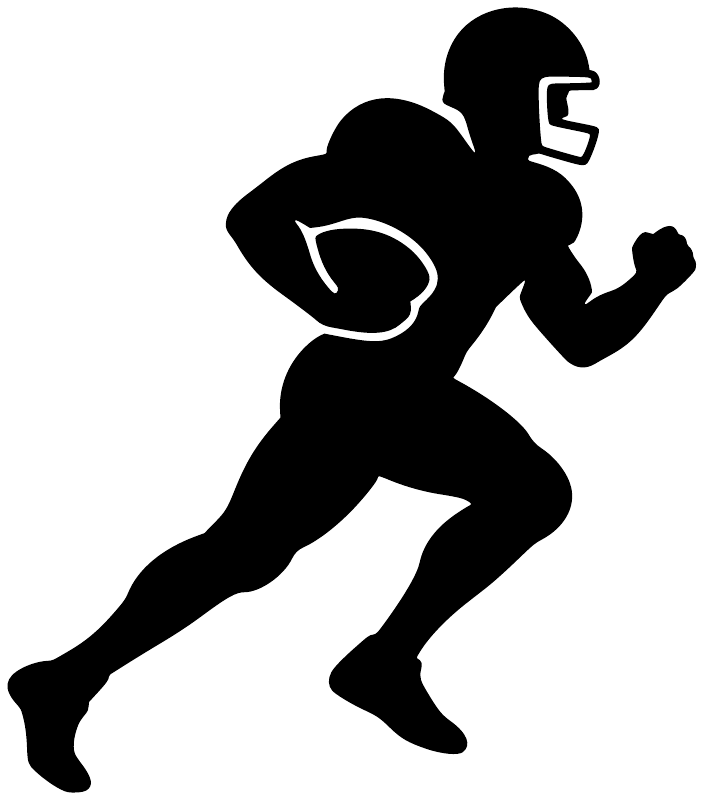 Football running forward vinyl decal silhouette, black player with helmet and ball
