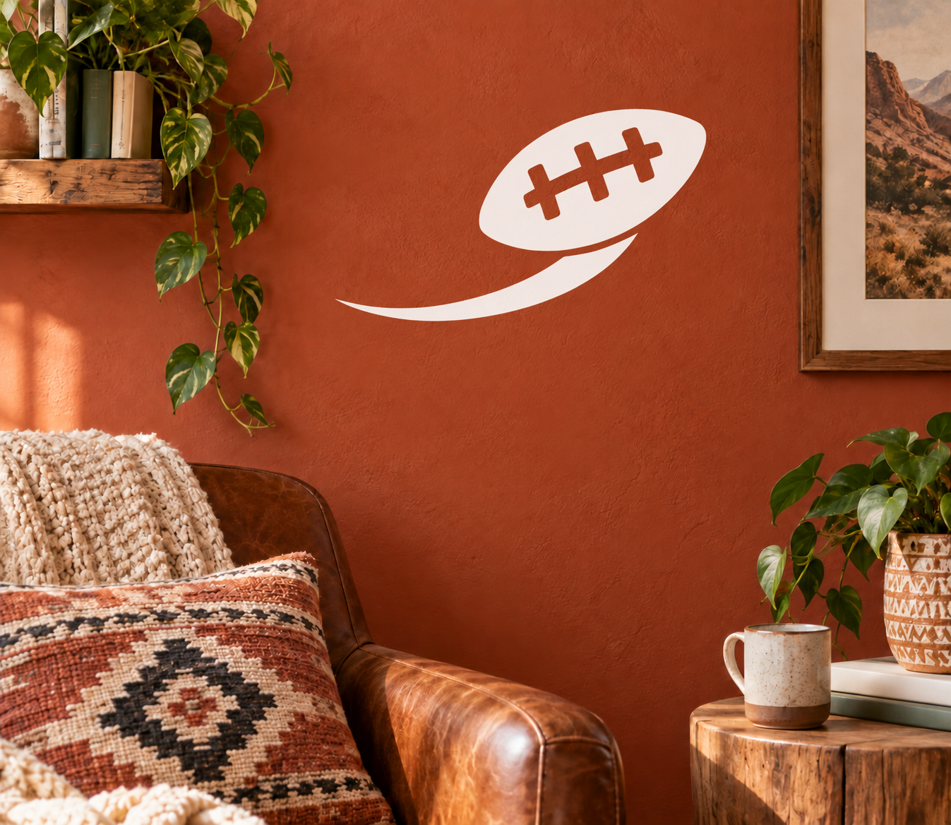 White football vinyl decal with stitched oval ball and curved swoosh tail