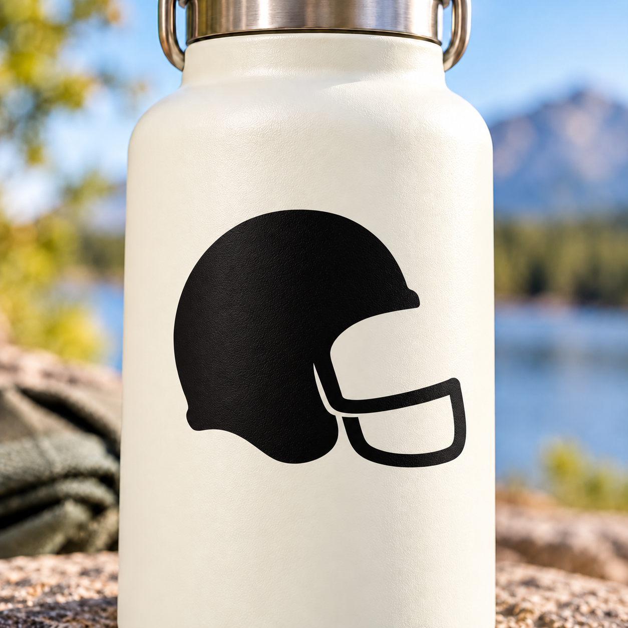Football helmet profile vinyl decal with black helmet silhouette and white face mask outline