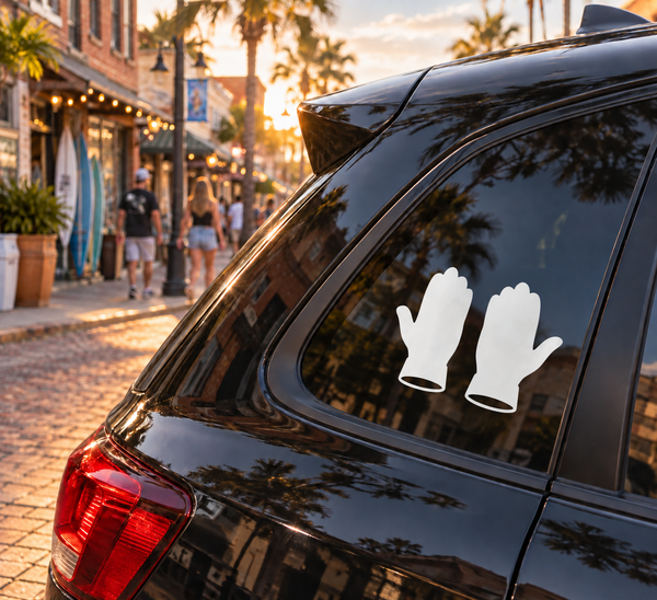 Football glove vinyl decal pair: white glove icons on a car window