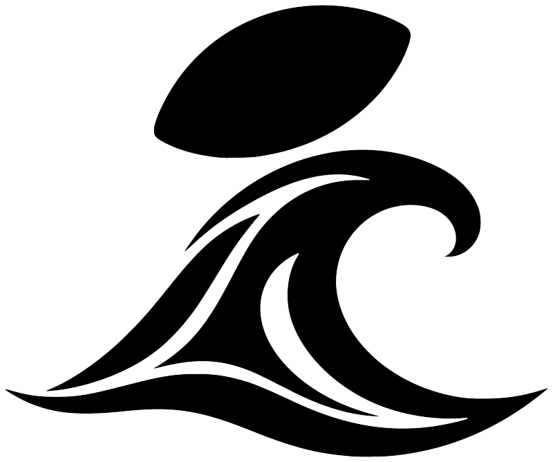 Black vinyl decal logo with oval top and wave-swirl football design, close-up