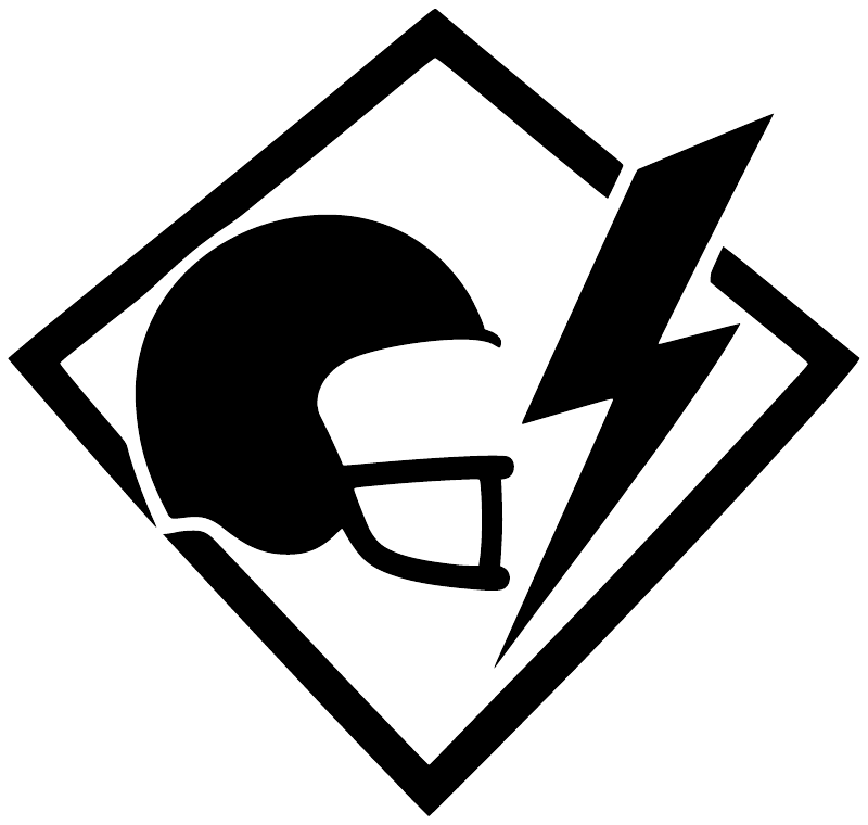 Football helmet lightning vinyl decal, bold black logo with white background