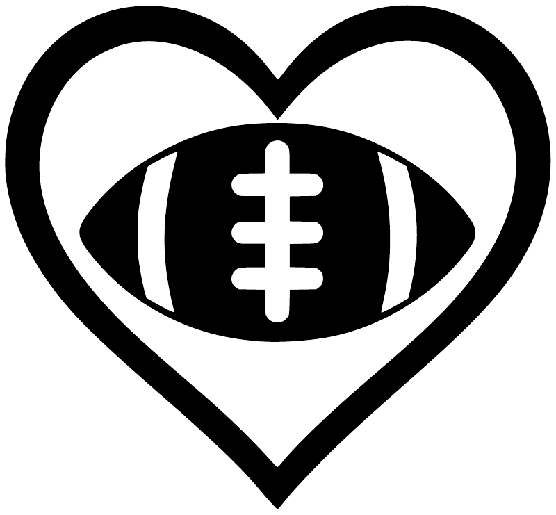 Football heart vinyl decal close-up: white heart outline, football graphic with plus symbol