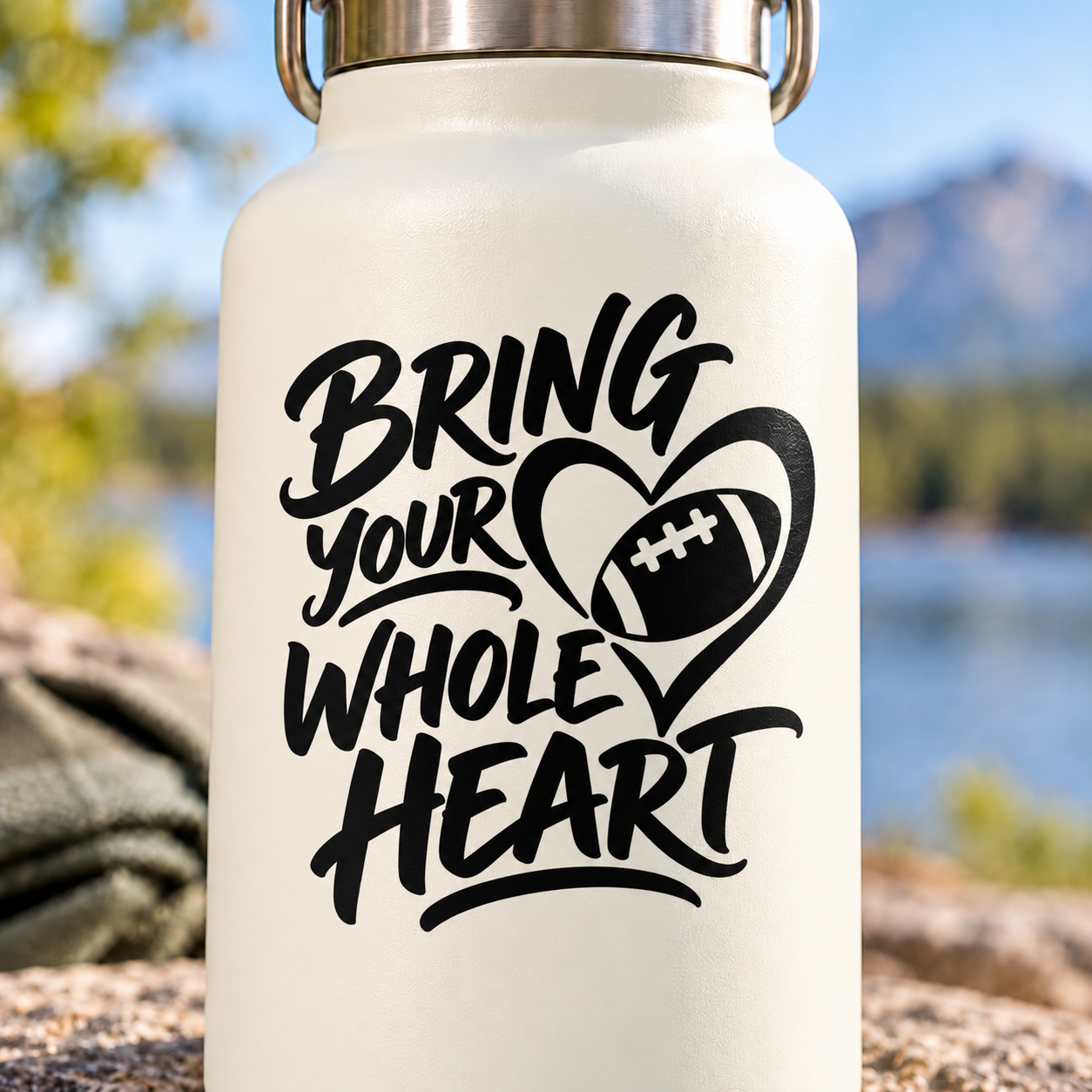 Black vinyl decal: “Bring Your Whole Heart” with football-heart icon
