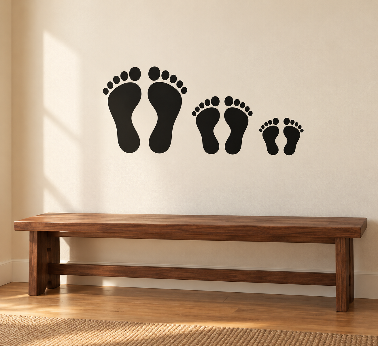 Family footprint vinyl decal with four black foot prints in different sizes