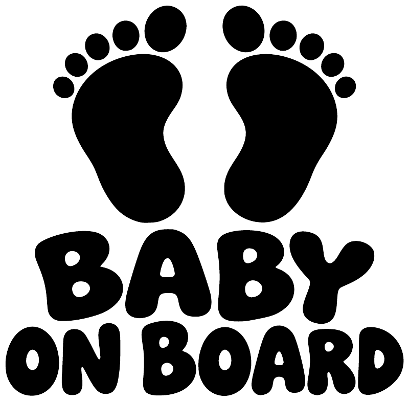 Black “Baby on Board” vinyl decal with large baby footprints and text
