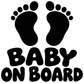 Black “Baby on Board” vinyl decal with large baby footprints and text