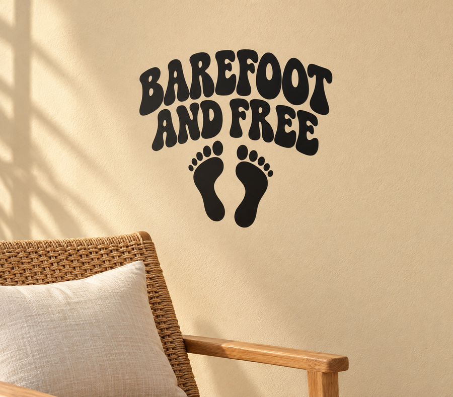 Vinyl decal with “Barefoot and Free” lettering and two footprint prints