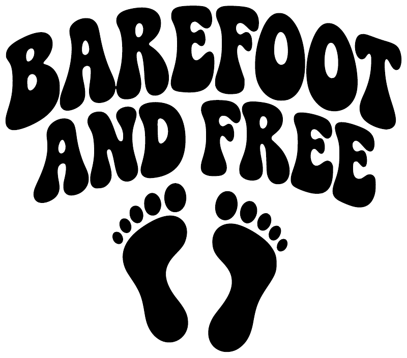 Vinyl decal showing bold “BAREFOOT AND FREE” text with two black footprints