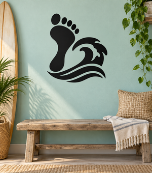 Black bare footprint and wave vinyl decal on wall surface