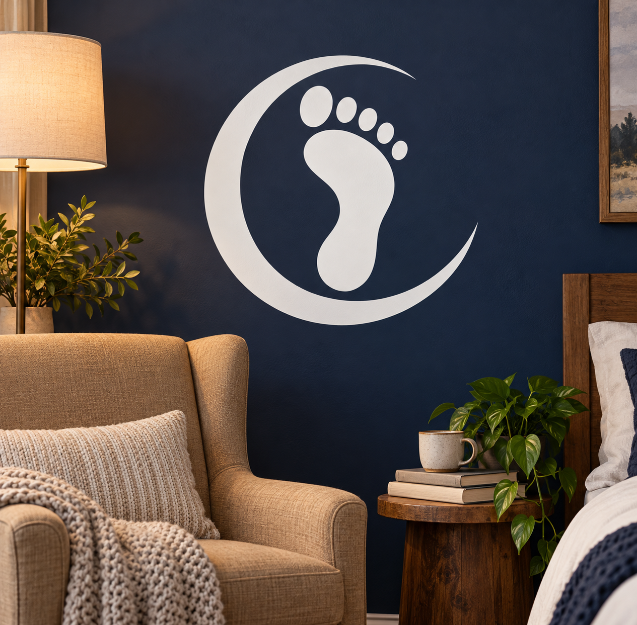 Crescent vinyl footprint decal with white crescent and footprint icon