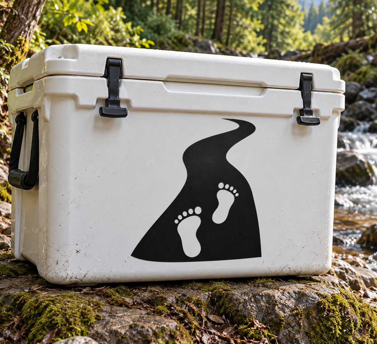 Black footprints vinyl decal on a white cooler lid, trail pattern