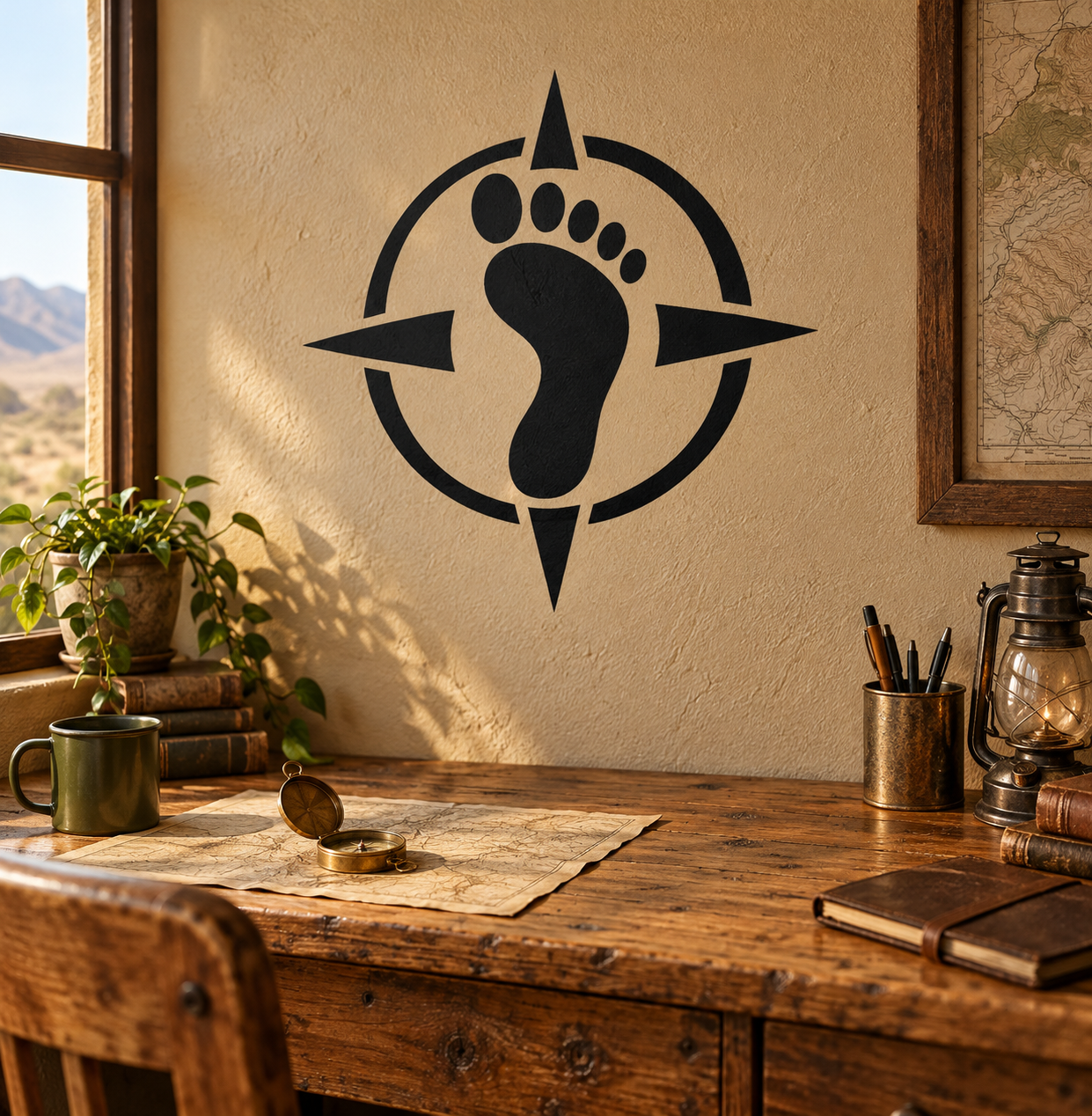Black footprint compass vinyl decal on wall