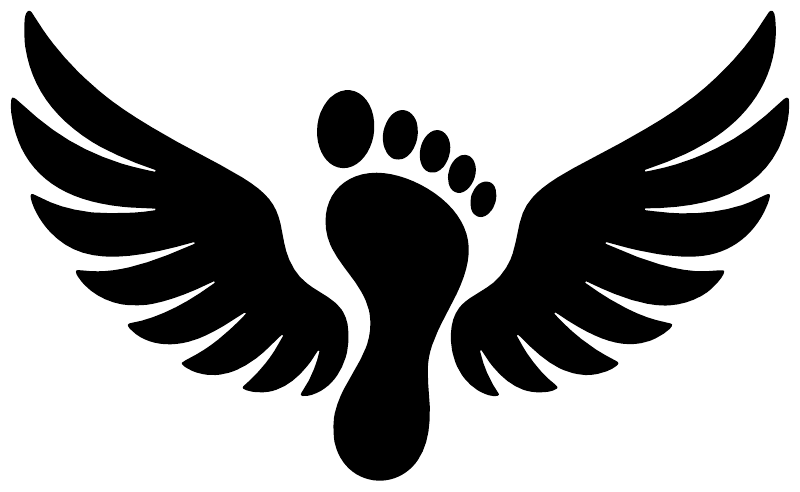 Winged footprint vinyl decal close-up, black silhouette