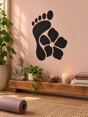 Black footprint vinyl decal with flower and paw print, wall sticker design