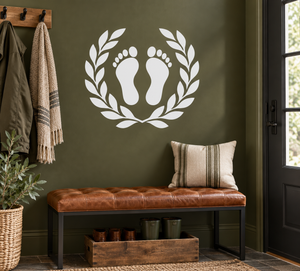 Footprint and laurel arch vinyl decal, white footprints with leafy wreath