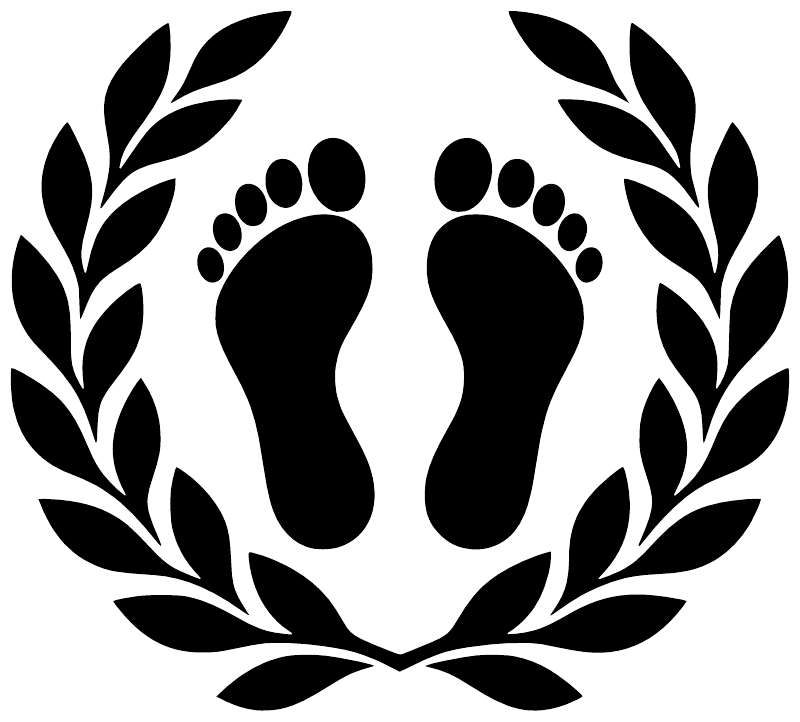 Footprint and laurel arch vinyl decal, black footprints inside leafy laurel circle