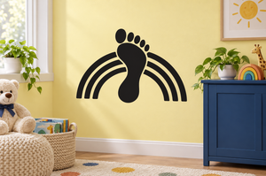 Black footprint with rainbow arc vinyl decal, bold solid shapes