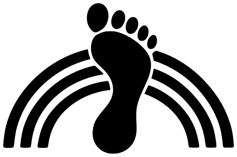 Large black footprint vinyl decal with three white rainbow arcs