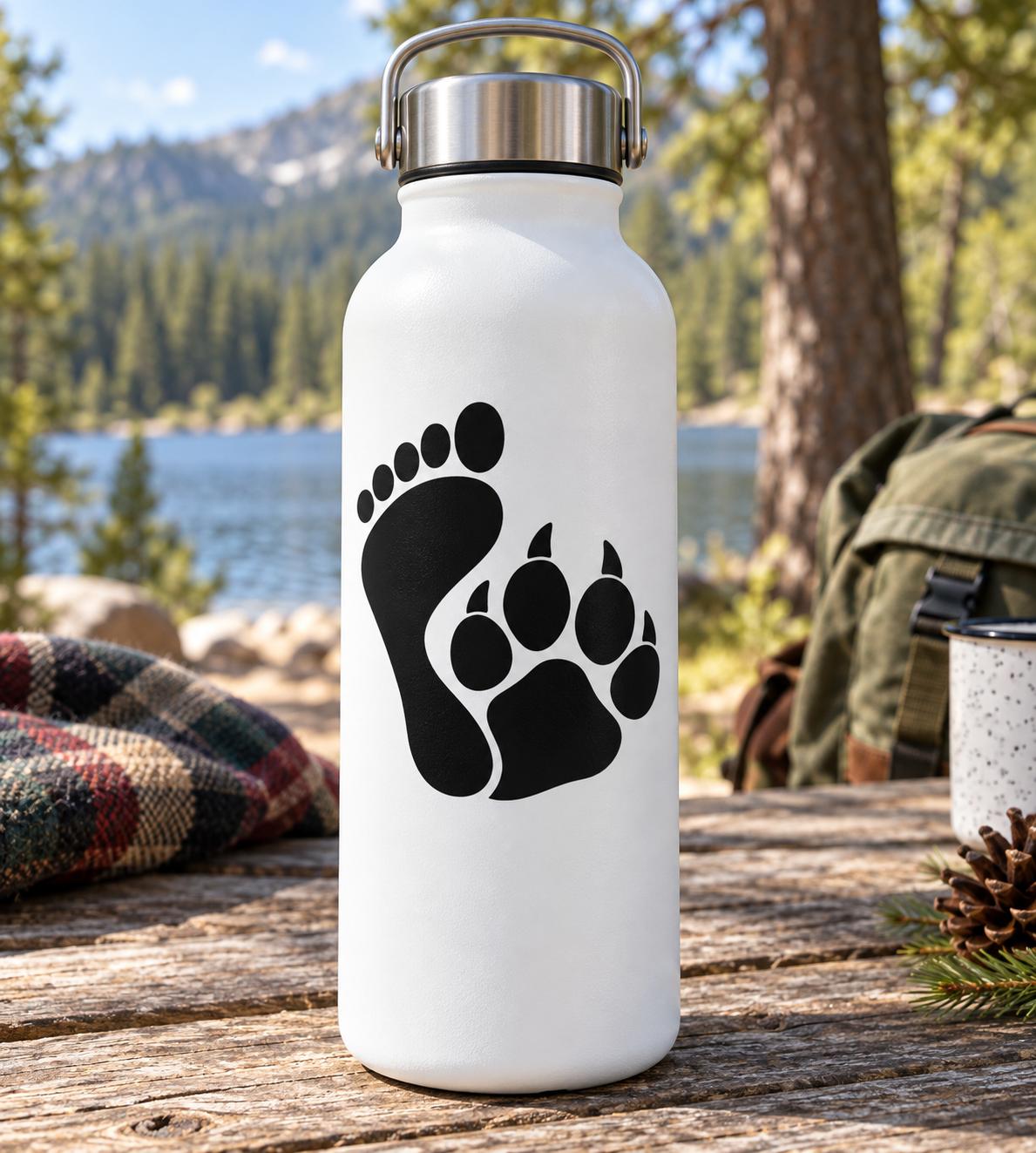 Vinyl decal of black paw and footprints on a white bottle