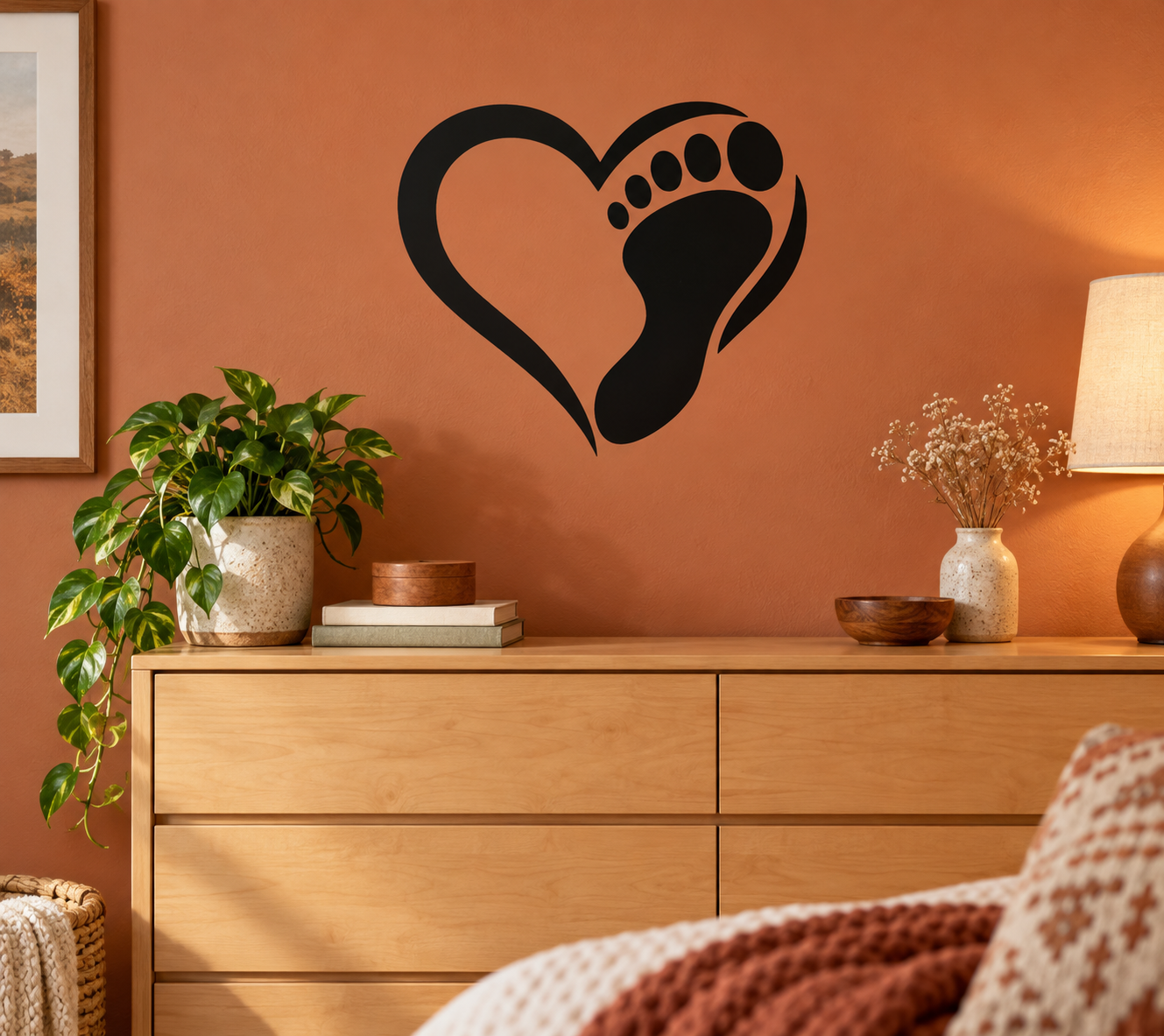 Black heart-shaped vinyl decal with dog paw prints and footprint