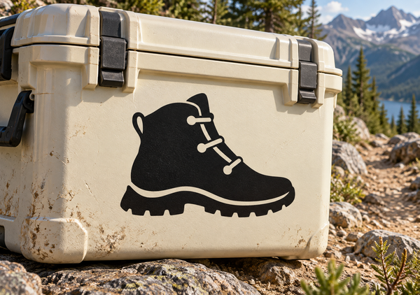 Hiking boot silhouette vinyl decal on beige gear case, black boot with lace detail
